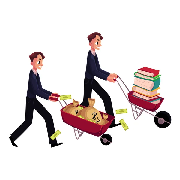 Homens, homens de negócios empurrando carrinhos de mão, um com livros, outro segurando dinheiro — Vetor de Stock