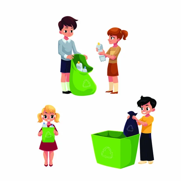 Children collect rubbish, garbage for recycling, trash segregation, waste sorting — Stock Vector