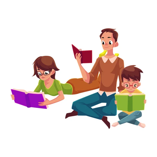Hombre, mujer, niño leyendo libros sentado y acostado en el suelo — Vector de stock