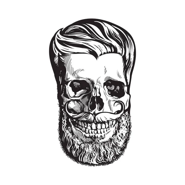 Hand getekende menselijke schedel met hipster kapsel, baard en snor — Stockvector