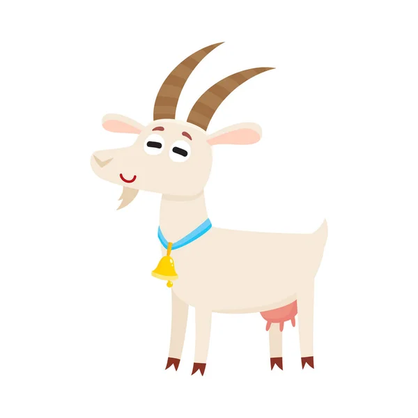Farm goat with big eyes and horns, wearing bell — Stock Vector