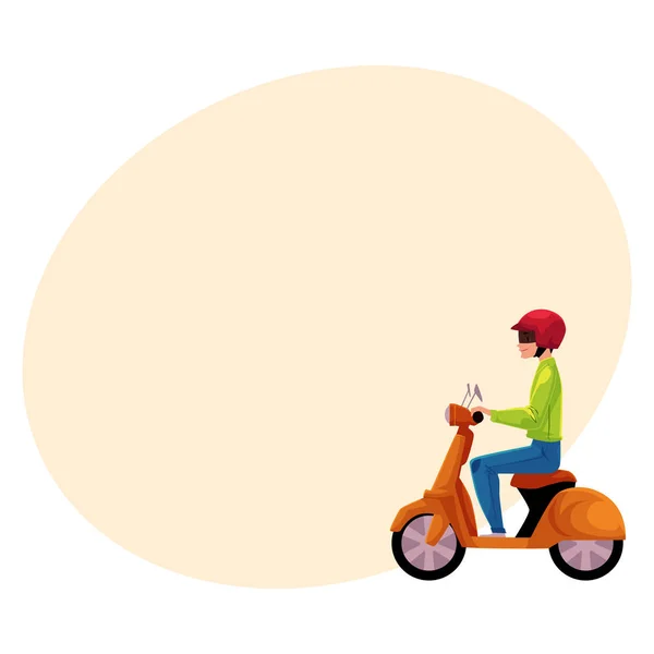 Scooter, ciclomotor, motociclista con casco, sierra lateral — Vector de stock