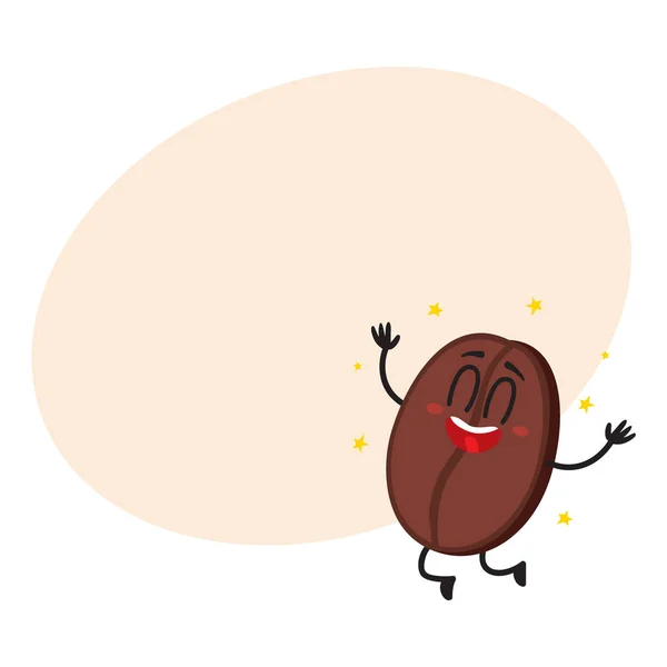 Lindo, divertido personaje de grano de café con cara humana saltando con entusiasmo — Archivo Imágenes Vectoriales