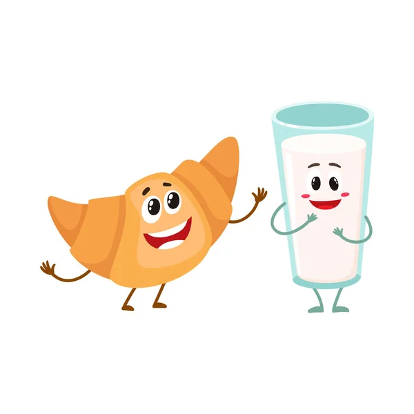 Divertido vaso sonriente de leche y croissant personajes, perfecto beakfast — Vector de stock