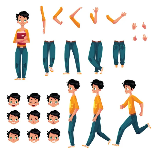 Estudiante, joven conjunto de creación de personajes, diferentes poses, gestos, rostros — Vector de stock