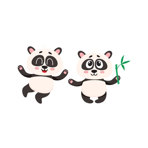 Два милых счастливых персонажа панды с поднятыми лапами — стоковый вектор