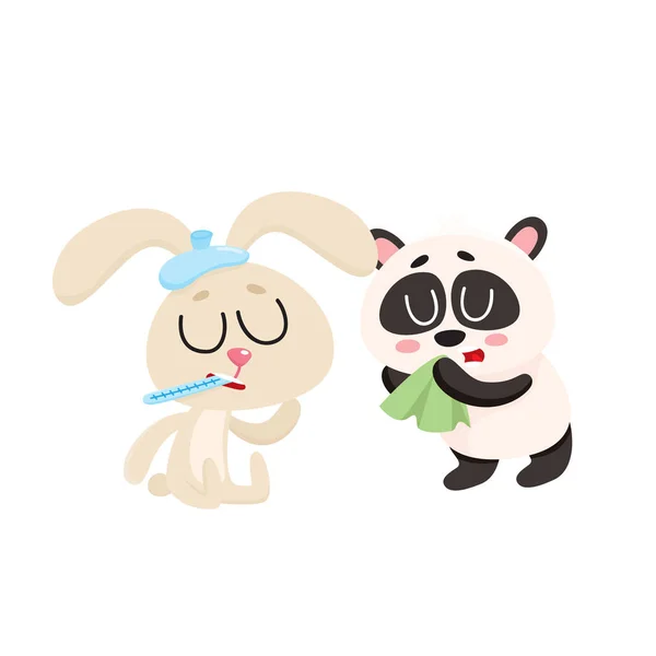 Sick rabbit and panda bear having cold, flu, runny nose — Stock Vector