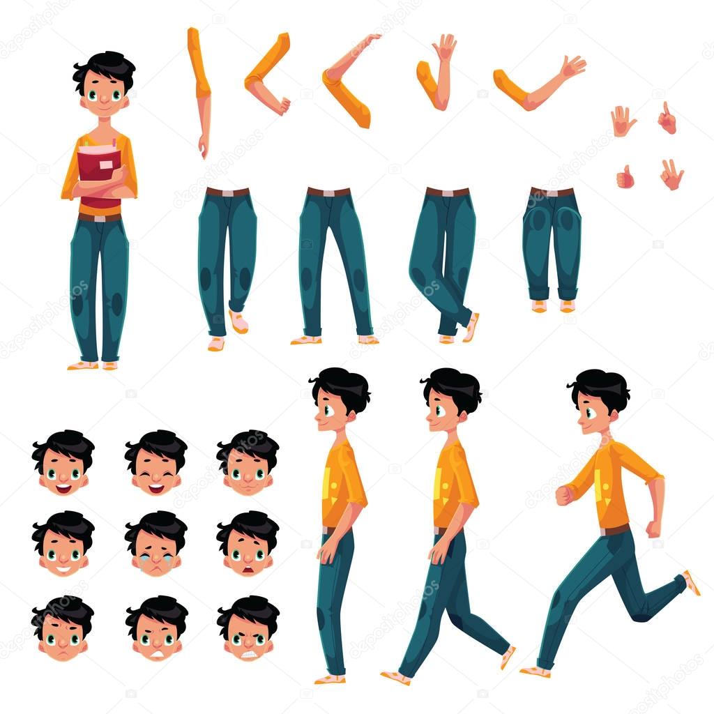 Student, young man character creation set, different poses, gestures, faces