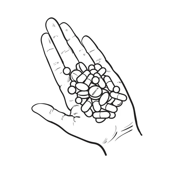 Main tenant pile de pilules, comprimés dans la paume ouverte — Image vectorielle