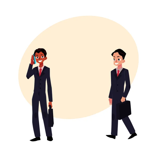 Black and Caucasian businessmen in business suits with briefcases — Stock Vector