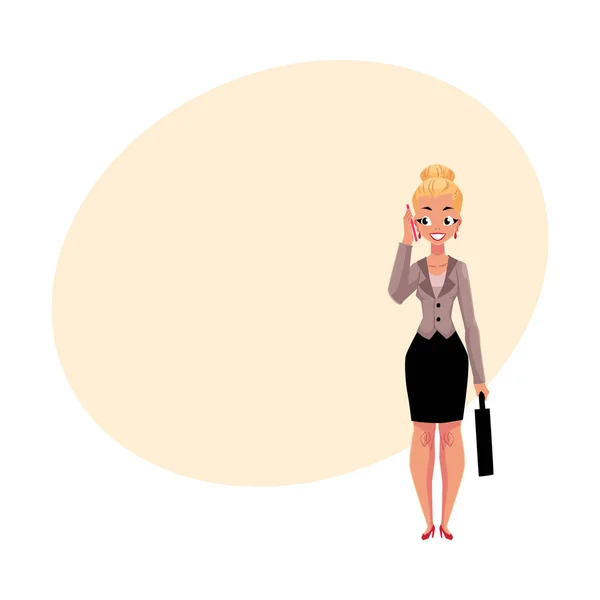 Jeune femme d'affaires blonde avec porte-documents appelant, parlant par téléphone portable — Image vectorielle
