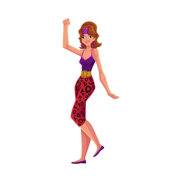 Menina, mulher em 80 estilo aeróbica roupa, leggings leopardo —  Vetores de Stock