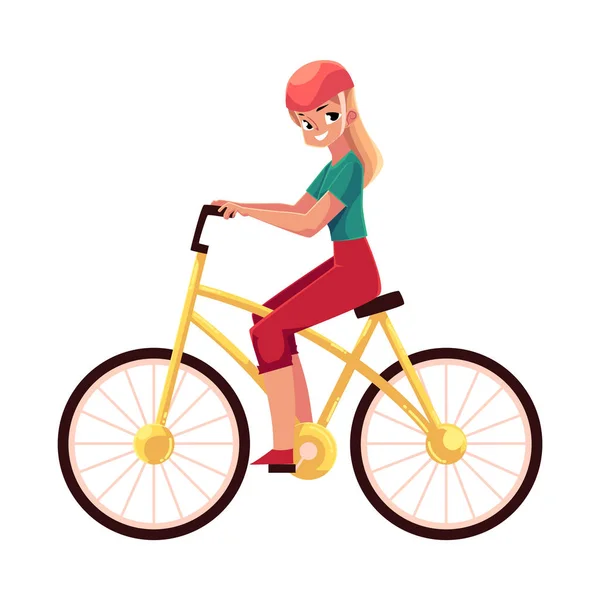 Wanita muda cantik berambut pirang, gadis mengendarai sepeda, bersepeda - Stok Vektor