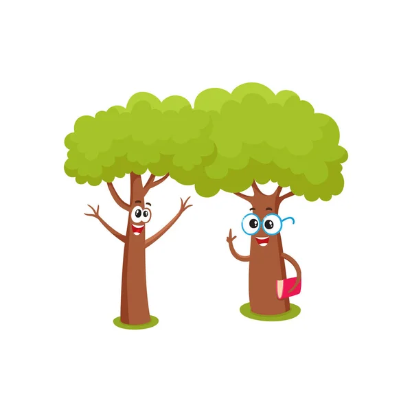 Dois personagens engraçados árvore, em óculos segurando livro, levantando ramos — Vetor de Stock