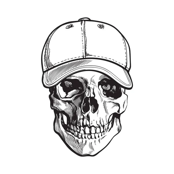手绘人类的头颅骨，头戴黑色和白色的标示的棒球帽 — 图库矢量图片