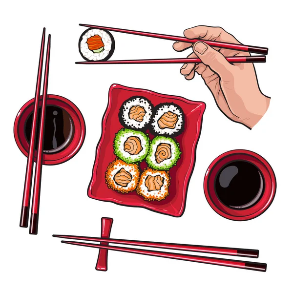 Set di sushi giapponese, piatto da portata, bacchette per tenere le mani — Vettoriale Stock