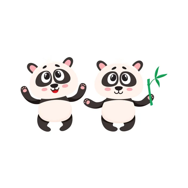 Twee schattige happy baby panda tekens met poten opgewekt — Stockvector