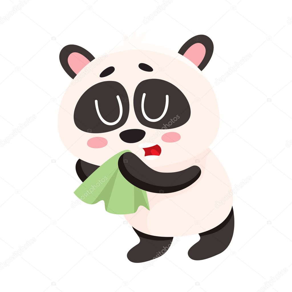 Sick panda having cold, flu, blowing its nose into handkerchief