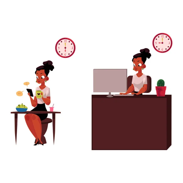 Schwarze, afrikanische Geschäftsfrau frühstückt, arbeitet im Büro am Computer — Stockvektor
