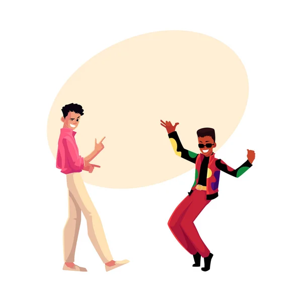 Két férfi, srácok, a kaukázusi és a fekete, retro disco Party — Stock Vector