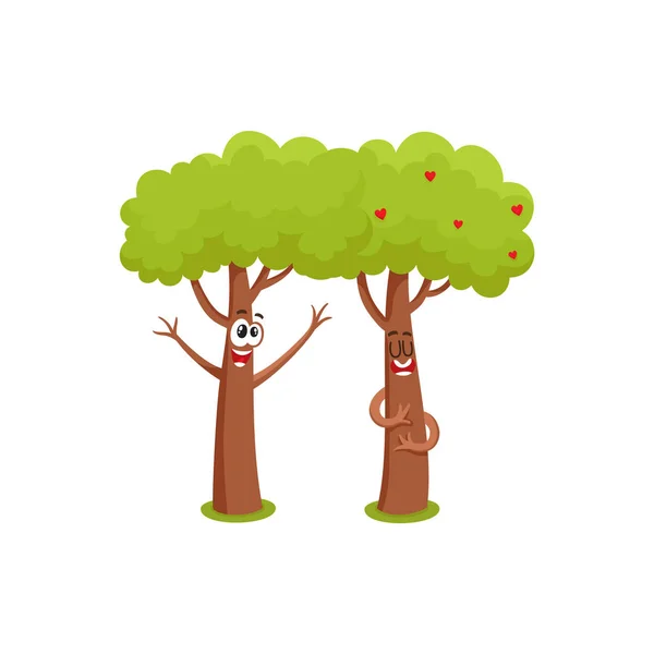 Två roliga träd tecken, kramas, visar kärlek och flirta — Stock vektor