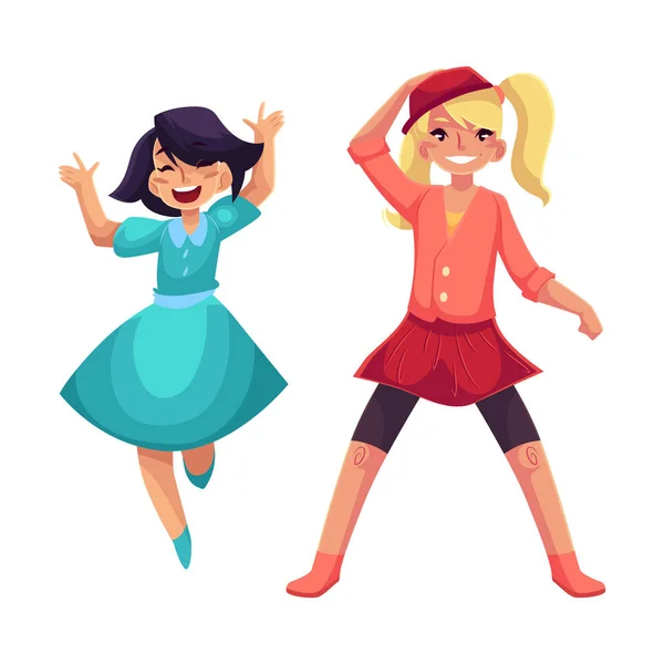 Duas meninas dançando na festa, vestido azul, saia e leggings — Vetor de Stock