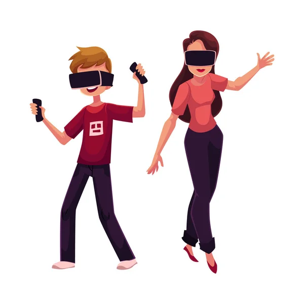 Chlapec a dívka, která nosí sluchátka virtuální realita, simulátory, hrát spolu — Stockový vektor
