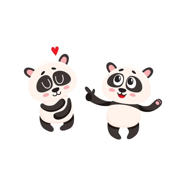 Twee baby panda tekens, een wijzend naar een ander knuffelen zelf — Stockvector