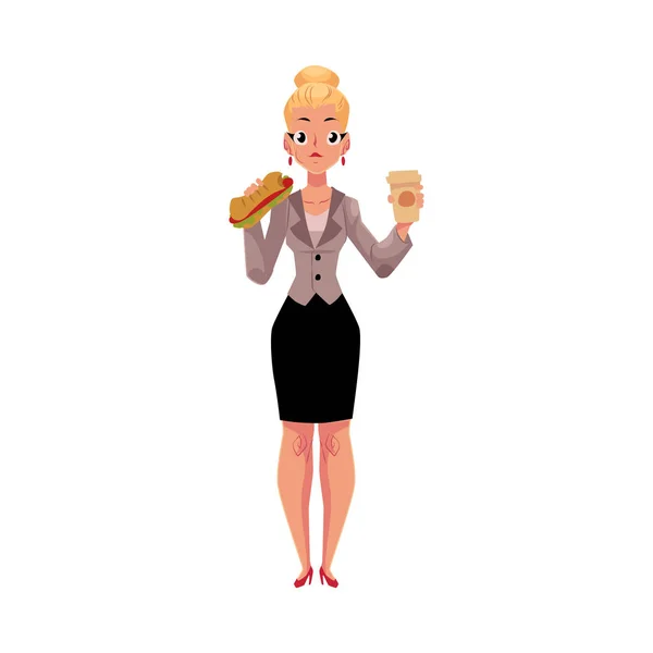 Young blond businesswoman eating sandwich, holding coffee cup, lunch break — Stock Vector