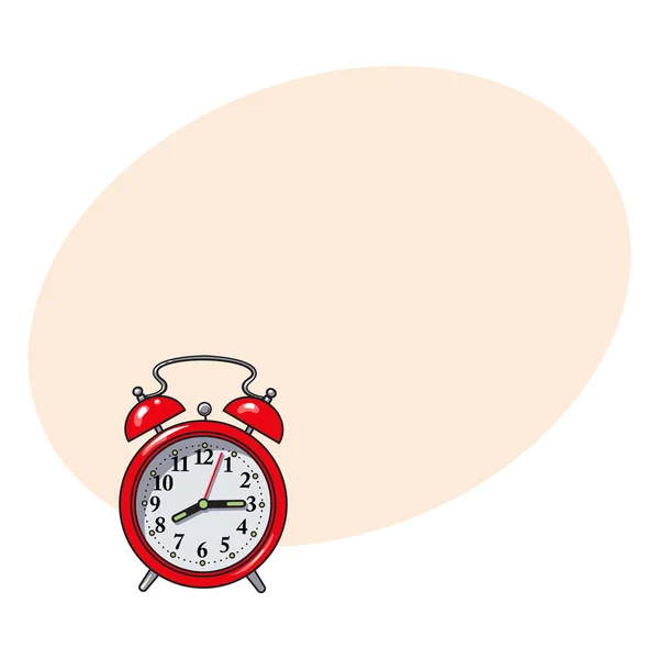 Relógio de alarme analógico vermelho estilo retro, ilustração do vetor do esboço — Vetor de Stock
