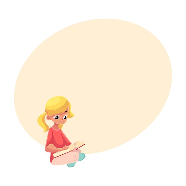 Little blond girl with ponytails reading book sitting crossed legs — Stock Vector