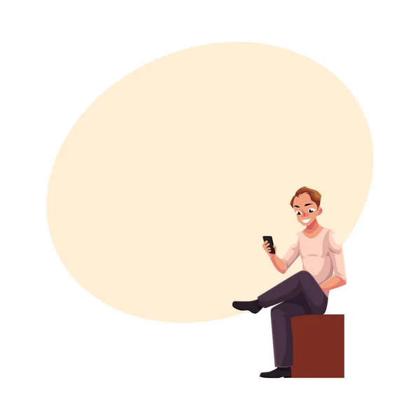男が座っている、スマート フォンで遊んでテキスト メッセージ、メッセージング、携帯電話を使用して — ストックベクタ
