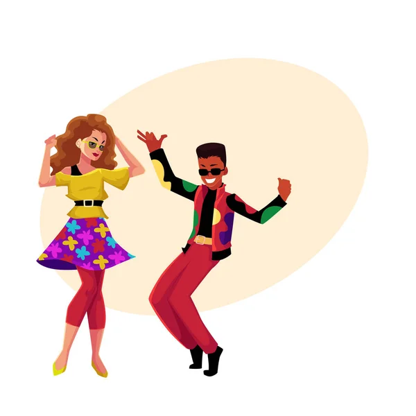 Caucasian girl and black man at eighties retro disco party — Stock Vector