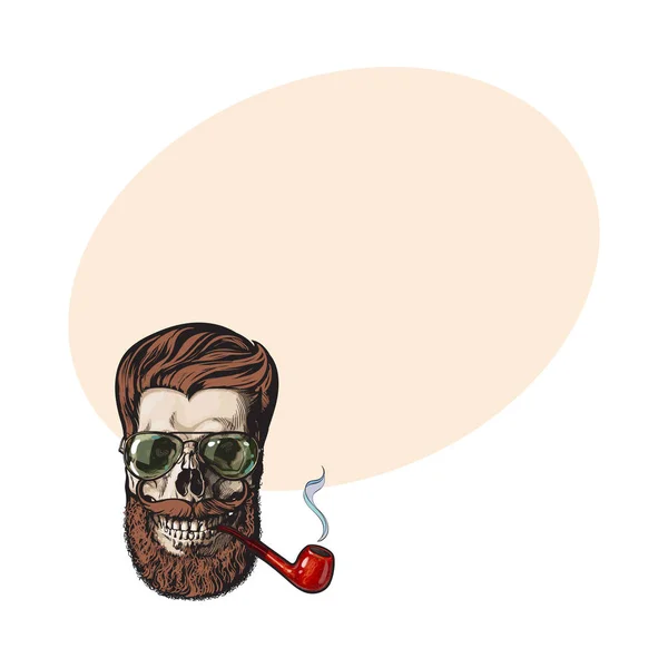 Crâne humain avec barbe hipster, lunettes de soleil aviateur, pipe à fumer — Image vectorielle