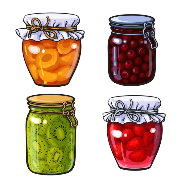 Apricot, cherry, strawberry and kiwi jam, marmalade in traditional jars — Stock Vector