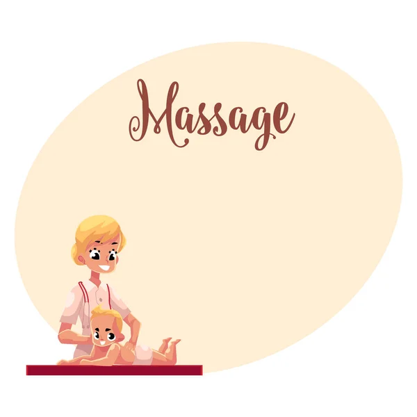 Jeune belle thérapeute faisant massage bébé, illustration vectorielle de dessin animé — Image vectorielle