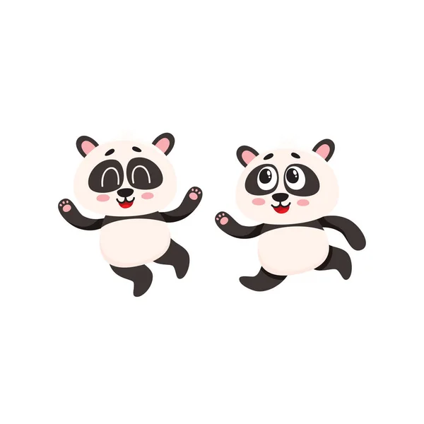 Két aranyos, vicces baby panda karakter fut, sietett, boldogan ugrott — Stock Vector