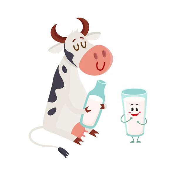 Funny smiling farm cow sitting, glass of milk standing characters — Stock Vector