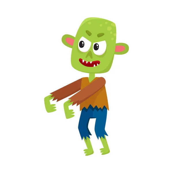 Enge kleine groene zombie monster in lompen, Halloween kostuum — Stockvector