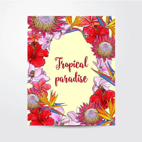 Postal, tarjeta de felicitación, diseño de banner con exóticas flores tropicales — Vector de stock
