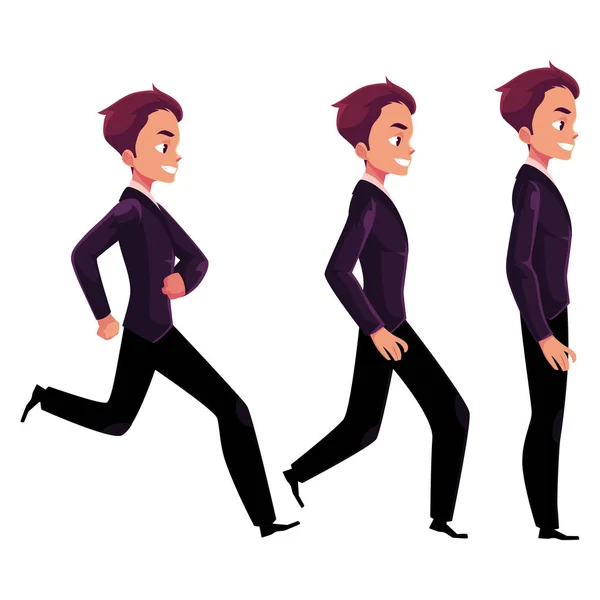 Hombre de negocios feliz en traje de negocios de pie, corriendo, caminando — Vector de stock