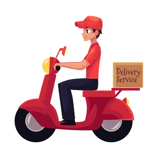 Correio, serviço de entrega trabalhador equitação scooter, motocicleta carregada com caixas — Vetor de Stock