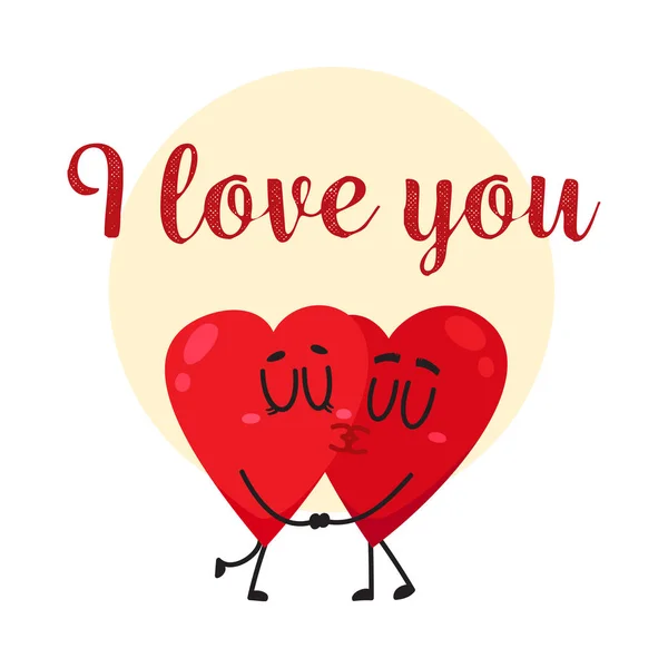 I love you - greeting card design with two kissing heart characters — Stock Vector