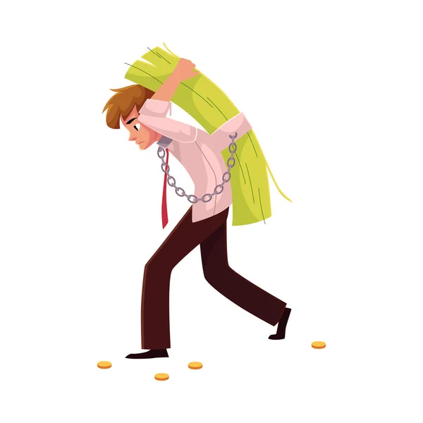 Homem carregando pacote de notas em suas costas, dependência monetária — Vetor de Stock