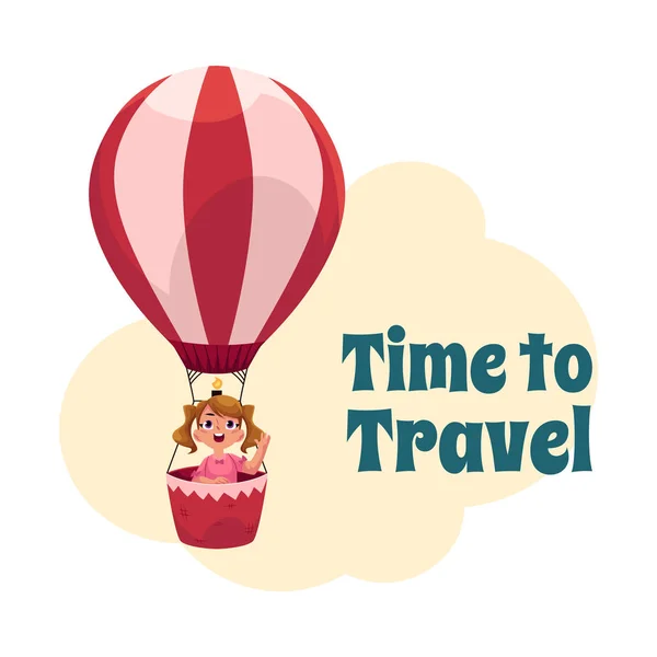 Time to Travel postcard, banner, poster with girl in air balloon — Stock Vector