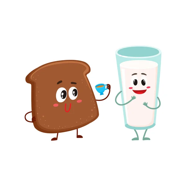 Vicces sötét, barna kenyér szelet és a tej üveg karakterek — Stock Vector
