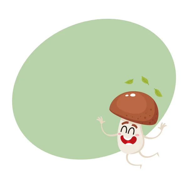 Funny porcini mushroom character jumping from happiness — Stock Vector