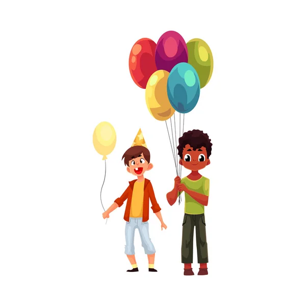 Schwarze und kaukasische kleine Jungen mit Luftballons, Geburtstagsfeier — Stockvektor