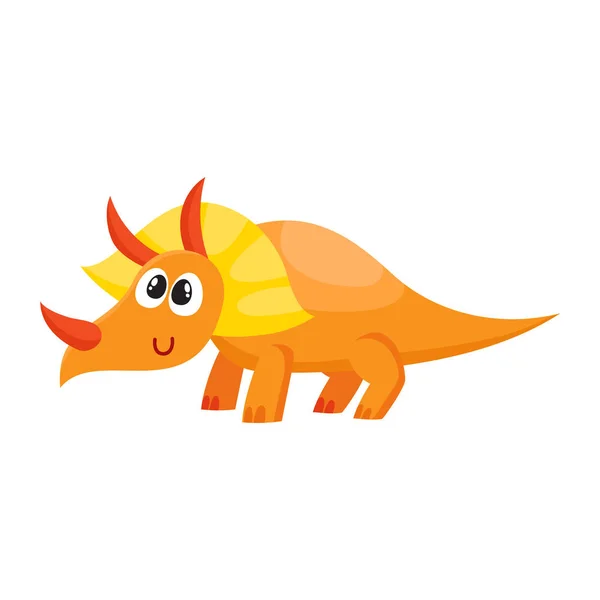 Cute and funny smiling baby triceratops, dinosaur character, decoration element — Stock Vector