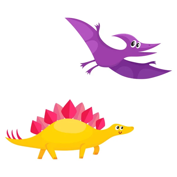 Due simpatici e divertenti personaggi di dinosauri - stegosauro e pterodattiloidea — Vettoriale Stock